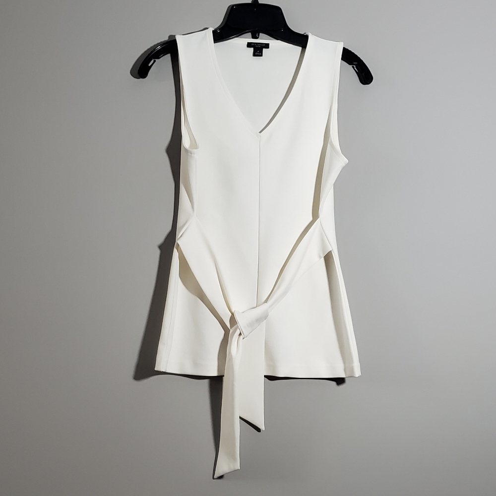 Small Petite Ann Taylor Off White Sleeveless V-Neck Top with Tie Detail